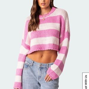Pink and White Striped Women's Sweater